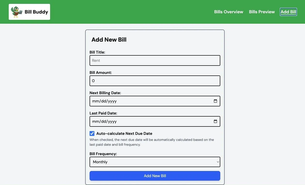 Bill Buddy Add New Bill form showing bill title, amount, dates, frequency, and auto-calculation controls.