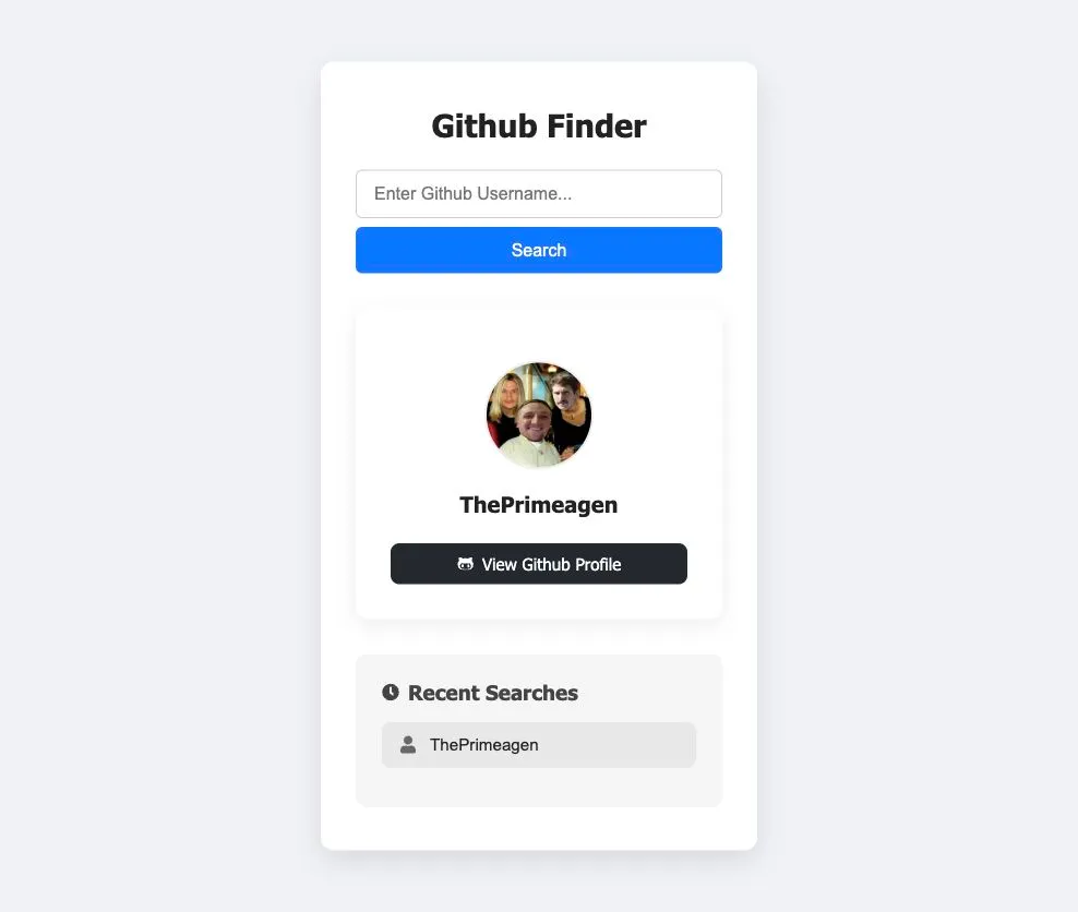 GitHub Finder showing a populated ThePrimeagen profile result and recent search.