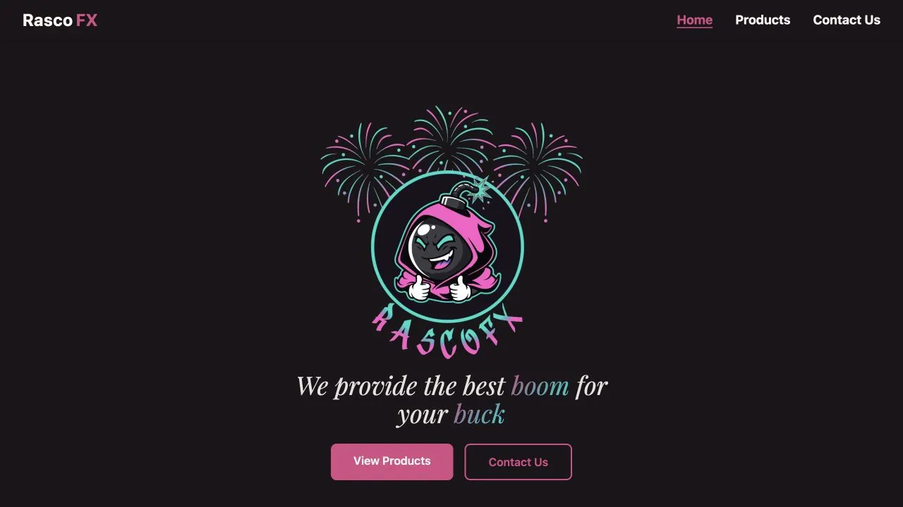 RascoFX homepage showing the fireworks logo, tagline, and calls to view products or contact the business.